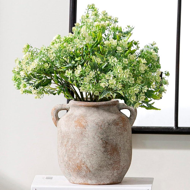 Ceramic Flower Vase Home Decor - 6 Inch Farmhouse Rustic Table Vases with Handle Living Room Decoration Decorative Vintage Pottery for Kitchen Shelf Coffee Dining Bookshelf Fireplace Centerpiece