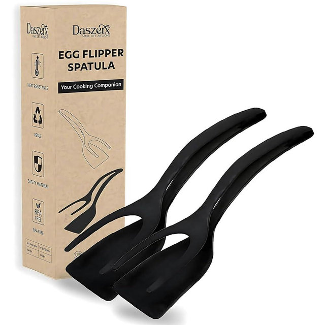 DASZERX® 2 in 1 Grip & Flip Egg Flipper Spatula Tongs, Multi-purpose Non-Stick Kitchen Shovel for Bread Fish Pancake Toast, Home Kitchen Cooking Tool (2 PCs Black)