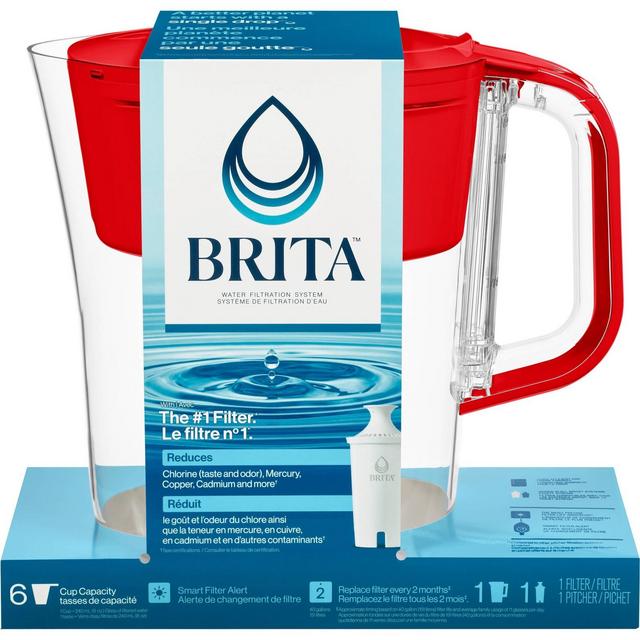 Brita Water Filter 6-Cup Denali Water Pitcher Dispenser with Standard Water Filter - Fiery Red