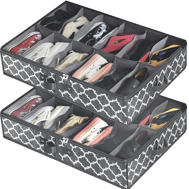 Under Bed Shoe Storage Organizer for Closet (2 Pack Fits 24 Pairs), Underbed Shoes Storage Solution with Clear Cover, for Sneakers, Clothes, Great Space Saver (Gray Lantern Pattern)
