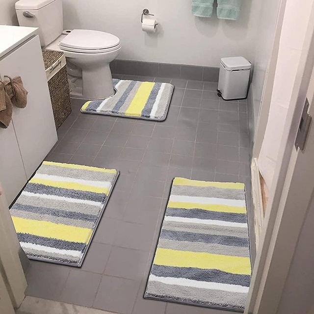Vaukki 3 Piece Bathroom Rugs Set, Non Slip Shaggy Microfiber Bath Shower Mats Set, Plush Absorbent Washable Bath Rugs Runner for Bathroom, Tub and Shower (18''x26''+20''x32''+20''x24'', Yellow)