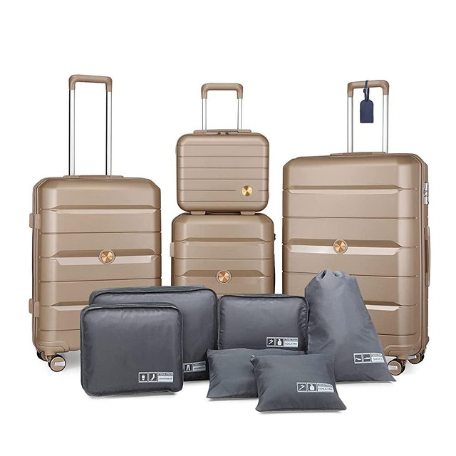 Somago Luggage Sets 3 Piece Spinner Hardside PP Suitcase with TSA Lock 4 Piece Set with 6 Set Packing Cubes for Travel (Noble Golden)