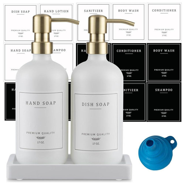 Thick Glass Soap Dispenser - Kitchen Dish Soap Dispenser &Hand Soap Dispenser Set,Rustproof Pump Soap Dispenser Bathroom with Tray,14 Stickers for Kitchen Decor White Bottle/Gold Pump