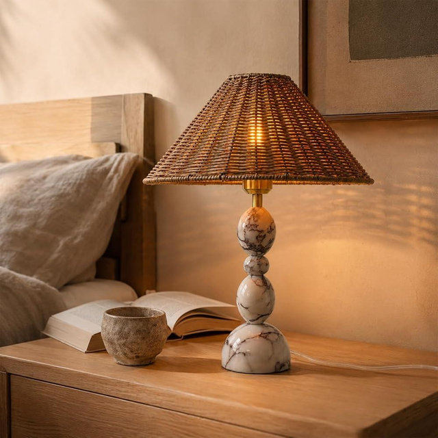 Bofea Calacatta Marble Table Lamp with Hand-Woven Rattan Shade, Vintage Stone Lamp with 3 Color Temperatures, Luxury Light for Bedroom Living Room