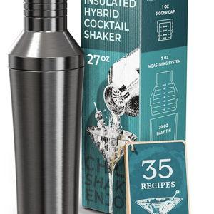 Insulated Cocktail Shaker Set | Double Wall Stainless Steel | Martini Shaker for Home Bar Bartending | Built-in Drink Measurement System & Strainer, Travel Bag, 35 Recipes | Gift Set (Slate Gray)