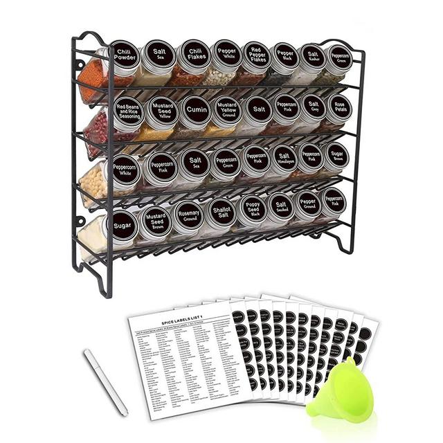 SWOMMOLY Spice Rack Organizer with 32 Glass Spice Jars, 396 Spice Labels, Chalk Marker and Funnel Complete Set, for Cabinet, Countertop, Cupboard or Wall Mount, Black