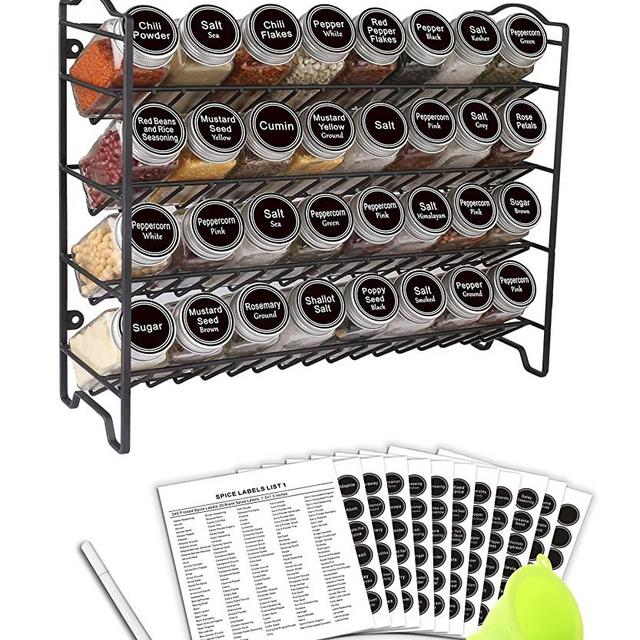 SWOMMOLY Spice Rack Organizer with 32 Glass Spice Jars, 396 Spice Labels, Chalk Marker and Funnel Complete Set, for Cabinet, Countertop, Cupboard or Wall Mount, Black