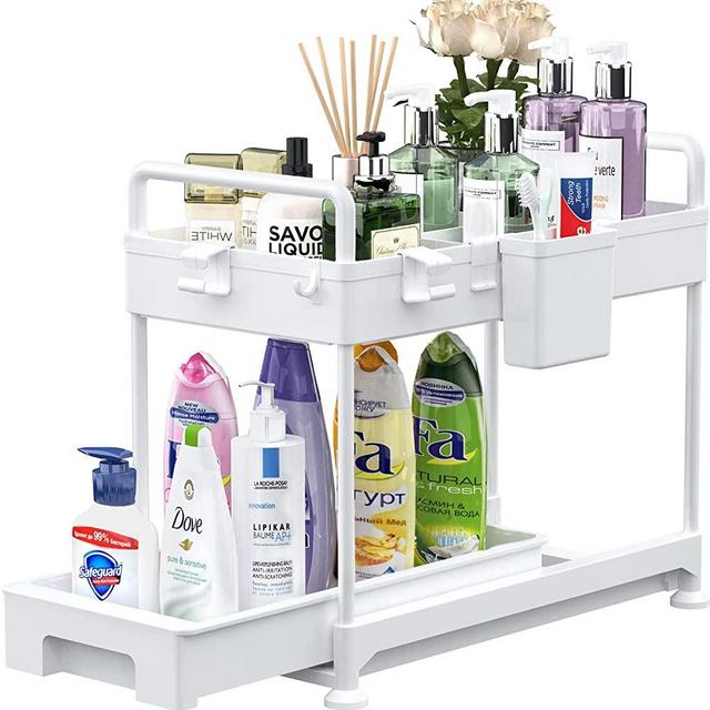 SOLEJAZZ Pull Out Under Sink Cabinet Organizer, 2-Tier Sliding Storage Drawer Basket Organizer for Kitchen Bathroom, with Hooks, Hanging Cup, Dividers Multi-purpose Under Sink Shelf Organizer, White