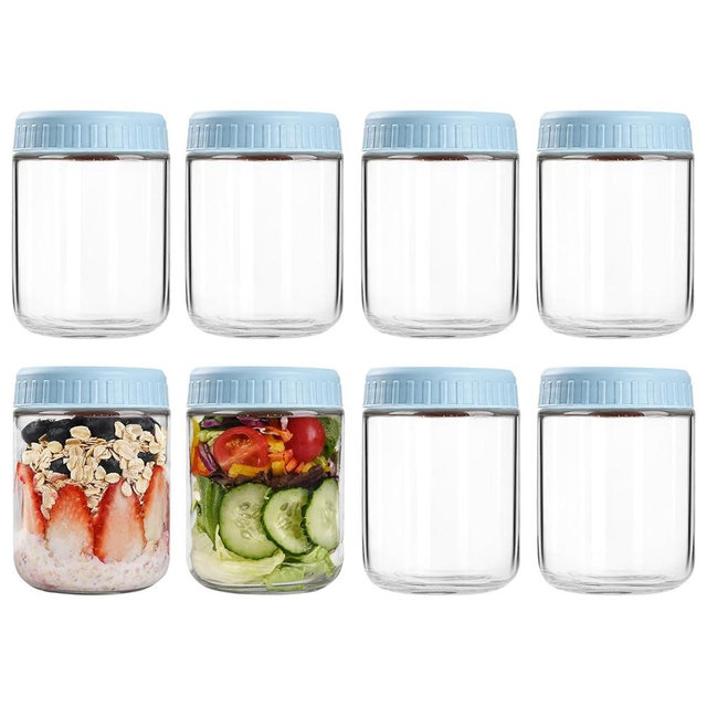 SHOWIN Overnight Oats Containers with Lids, 16oz Glass Jars with Lids 8 pcs, Light Blue, Wide Mouth Mason jars for Salad, Yogurt, Snacks, Meal Prep