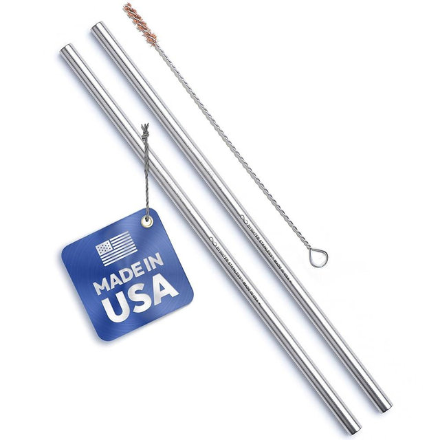 Made in USA Bywater Stainless Steel 12" Straw Set of 2 plus plastic free brush. 18/8, 304L, A269 Food Grade Straws Thick-Wall, Dishwasher Safe, Eco Reusable Metal Straws