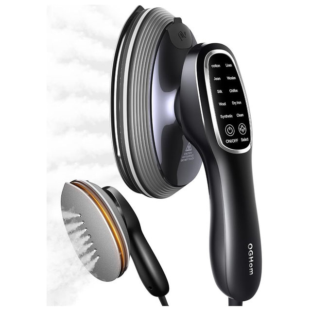 OGHom 2-in-1 Steamer & Iron for Clothes, 120V Handheld Clothes Steamer Iron, 1200W Fast Heat in 20s, Quick Wrinkle Removal 10 Adjustable Levels for Delicate to Thick Fabrics - Black
