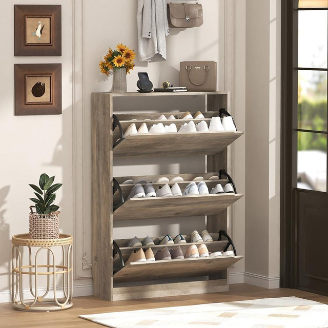 Wodeer Shoe Storage Cabinet for Entryway with 3 Flip Drawers, Freestanding Narrow Wood Shoe Rack Organizer for Hallway, Foyer, Slim Modern Design, Grey