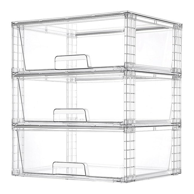 Vtopmart 3 Pack Large Stackable Storage Drawers,Easily Assemble Clear Acrylic Bathroom Closet Undersink Organizers,Plastic Storage Bins for Cabinet,Kitchen Pantry,Medicine Organization