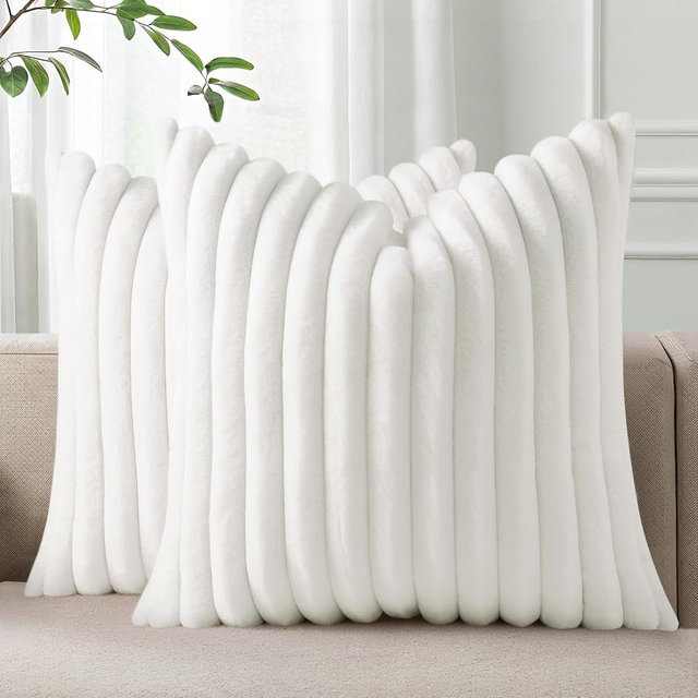 Pallene Faux Fur Plush Throw Pillow Covers 24x24 Set of 2, Luxury Soft Fluffy Striped Decorative Pillow Covers for Sofa, Couch, Living Room, White