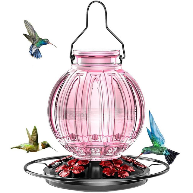 Glass Hummingbird Feeder for Outdoors Hanging, Bird Nectar Feeder with Perch & 5 Flower Feeding Ports, 26 Oz Leak Proof for Outside Garden Decor Backyard, Gifts for Women Mom, Pink