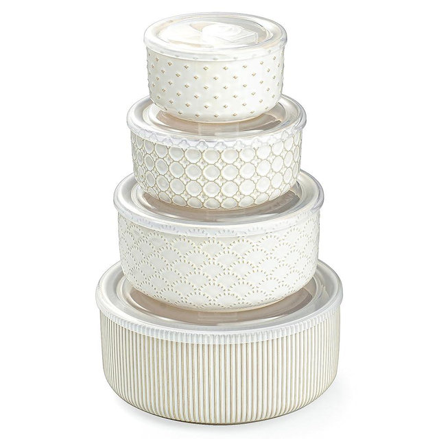 MIKIGEY Mixing Bowls with Lids Set of 4, Ceramic Nesting Bowls, Mixing Bowl Set for Serving, Popcorn, Salad etc, Microwave and Dishwasher Safe, 10/18/33/50 OZ, Off-White