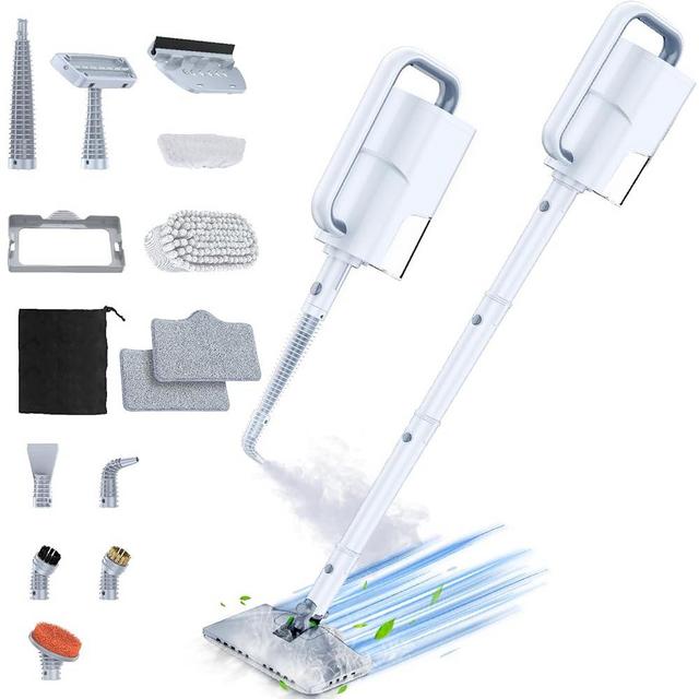 ScrubWiz Steam Mop Cleaner with Detachable Handheld Steamer, 10-in-1 Multi Accessories, Washable Microfiber Pads, 350ml and 2 Adjustable Level for Cleaning Floor, Carpet, Tile, and Grout, Light White