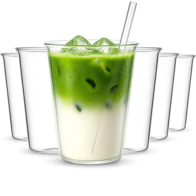 Ferrochef Set of 6 11.8 oz Clear Drinking Glass with Straws 340 ml Iced Tea Beer Cups Heat Resistant Kitchen Glassware for Juice, Beverage, Cocktail, Coffee, Soda