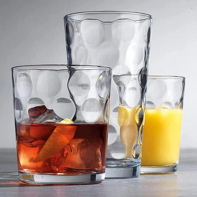 Classic Drinking Glasses, Set of 18 Clear Glass Cups, 6 Highball Glasses 17oz. 6 Rocks Glasses 13oz. 6 DOF Glasses 7oz. Bubble Design Glassware Set for Water, Juice, Wine, Cocktails, & Beer Glasses.