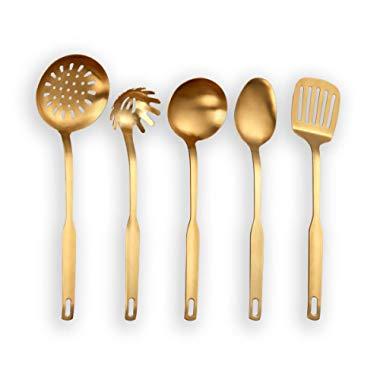 Berglander Stainless Steel Kitchen Utensil 5 Piece with Titanium Golden Plated, Slotted Tuner, Ladle, Skimmer, Serving Spoon, Pasta Server. Golden Kitchen Tools Set (Matte Golden)