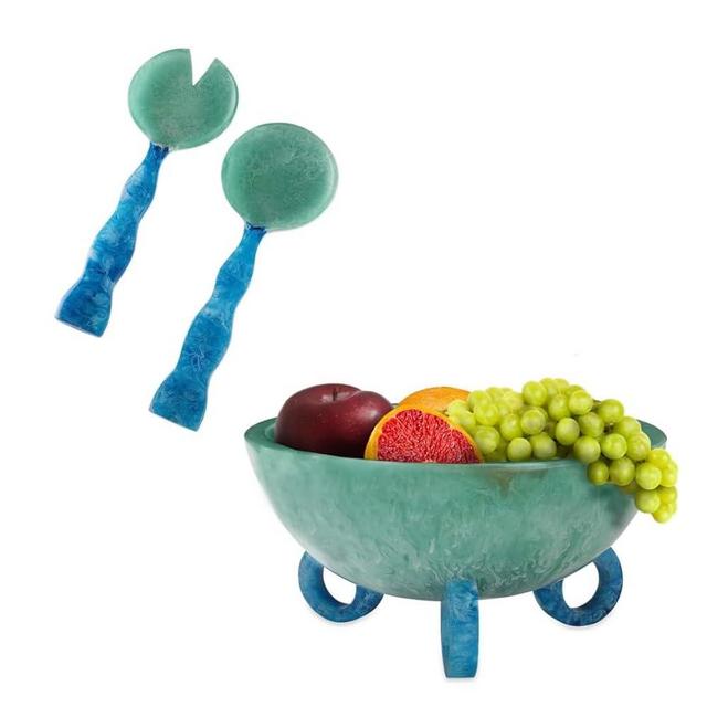Folkulture Fruit Bowl for Kitchen Counter, 9" Resin Decorative Bowl & Salad Servers - Set of 2 Resin Tongs, 12" for Serving