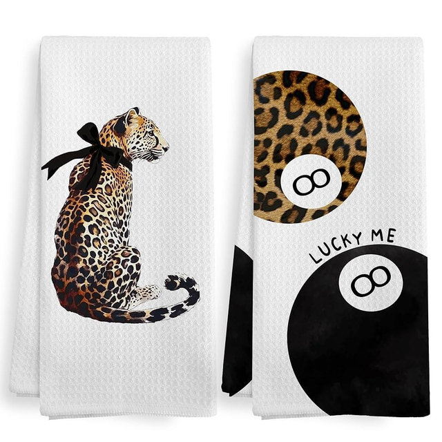 XNXLDYLH Trendy Leopard Cheetah Print Lucky 8 Ball Bathroom Decor, Preppy Brown Leopard Bow Decor Dish Hand Tea Towels for Bathroom Kitchen Sets of 2, Cheetah Kitchen Towels and Dishcloths, 16x24 Inch
