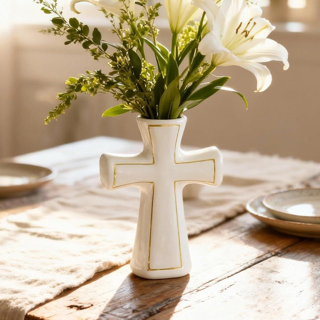 White Ceramic Cross Vase - H 8.4" Modern Elegant Flower Vase with Gold Trim, Religious Christian Sympathy Gifts for Home Altar Decor, Wedding, Baptism Decorations, Memorial, Table Centerpiece