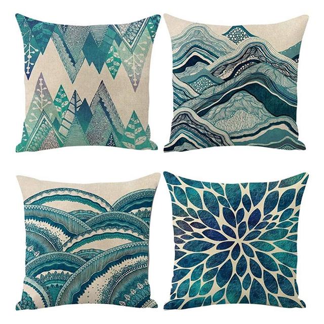 Jasfura Set of 4 Teal Throw Pillow Covers 18x18 Inch Spring Ocean Bohemia Decorative Couch Pillow Cases Sea Cotton Linen Case Tuquoise Coastal Square Cushion Covers for Sofa, Bed and Car (Green)