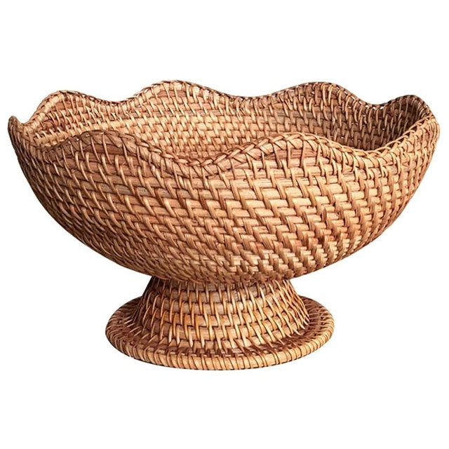PRETYZOOM Rattan Fruit Bowl, 10 inch Natural Wicker Basket Fruit Plate Bread Display Stand with Base, Kitchen Counter Wicker Storage Basket Storage Serving Baskets
