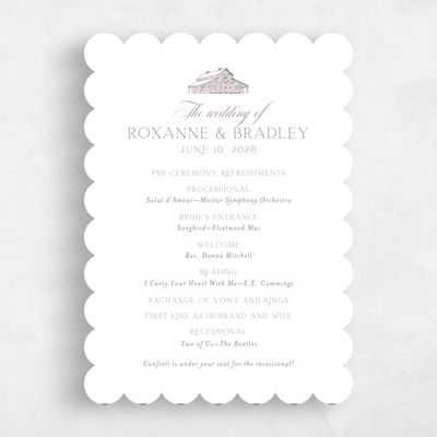 White Scalloped Wedding Program - Heritage Barn