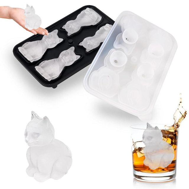 Nerien 3D Cat Ice Cube Mold, Silicone Cat Shape Ice Cube Tray for Cocktail Whiskey Bourbon Chilling, Slow-Melting 4-Hole Reusable Large Fun Shapes Ice Molds, Cute Cat Gifts for Cat Lovers Women Men