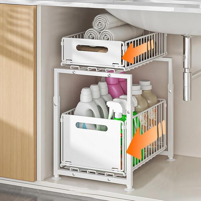 HABITELLO Under Sink Organizer, 2-Tier Multi-Use Kitchen and Bathroom Organizers and Storage, Slide Out Thickened Metal Under The Sink Organizer for Kitchen Bathroom Pantry (Style A White, 1 Pack)