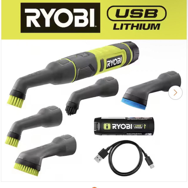 RYOBI USB Lithium Cordless Compact Detail Scrubber Kit w/ 2Ah Battery, Charging Cable, & Medium Bristle Accessory Kit (2PC) FVG52K-A95MB02