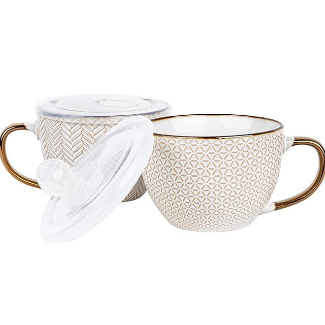 KooK Ceramic Soup Mugs, Embossed, with Handle and Vented Plastic Lid, Perfect for Overnight Oats, Microwave and Dishwasher Safe Travel Cups, Cream with Gold Accents, 18 oz, Set of 2, (Lined Set)