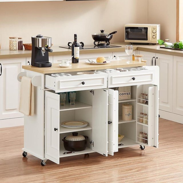 ONBRILL 58" Mobile Kitchen Island, Kitchen Island Cart with Power Outlet, Island Table for Kitchen, Home Bar Carts with Storage, Kitchen Rolling Island with Spice Rack & Towel Rack & Knife Holder