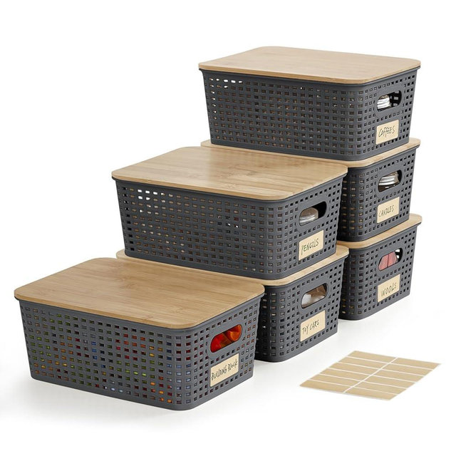 Bagnizer Small Plastic Storage Bins with Bamboo Lids 5.2qt Stackable Box Basket Pantry Decorative Containers Cute with Lable for Organizing Desktop Closet Office Gray of 6 packs 10 * 7.2 * 4.1'’