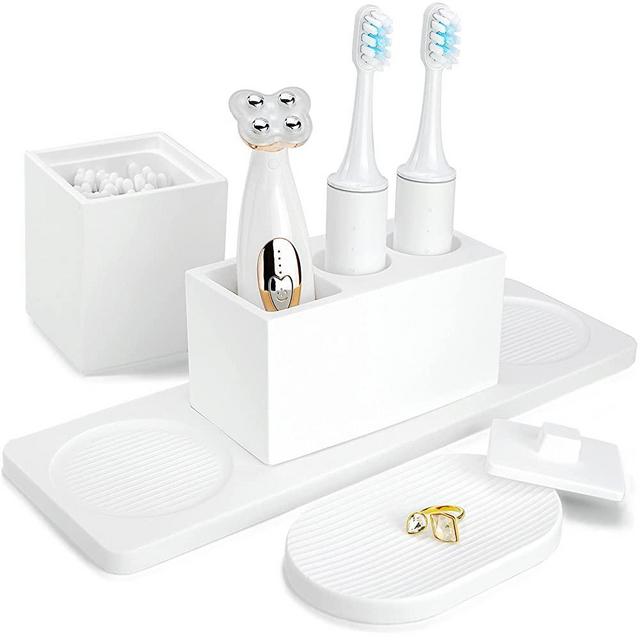 AUSAULAC Bathroom Accessories Set Organic Diatomite White, Ceremic Bathroom Accessories with Electric Toothbrush Holder, Decorative Bathroom Accessory with Mason Jar Soap Dish Bathroom Deco Tray