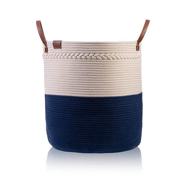 JANA Laundry Basket | 18"x16" Cotton Rope Basket | Large Storage Basket with Handles | Decorative Woven Basket for Living Room | Storage Baskets for Toys | Throw Pillows and Towels | Cream & Blue