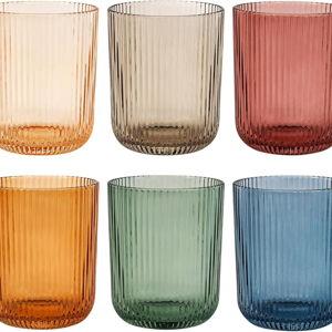 Drinking Glasses, Colored Highball Glasses Set of 6, Ribbed Glassware Glass Cups, Water Glasses for Juice, Iced Coffee Cups, Cocktail Glasses - Christmas Gifts - 8.5 oz