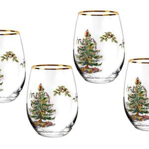 Spode Christmas Tree Set of 4 Stemless Wine Glasses
