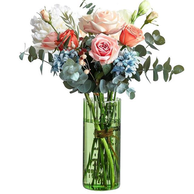 ComSaf Glass Cylinder Vases, Bud Vase for Centerpieces, 8 Inch Tall Ribbed Vase Hurricane Floating Candle Holder, Decorative Flower Vases for Wedding Reception, Home Decor, Housewarming Gift (Green)