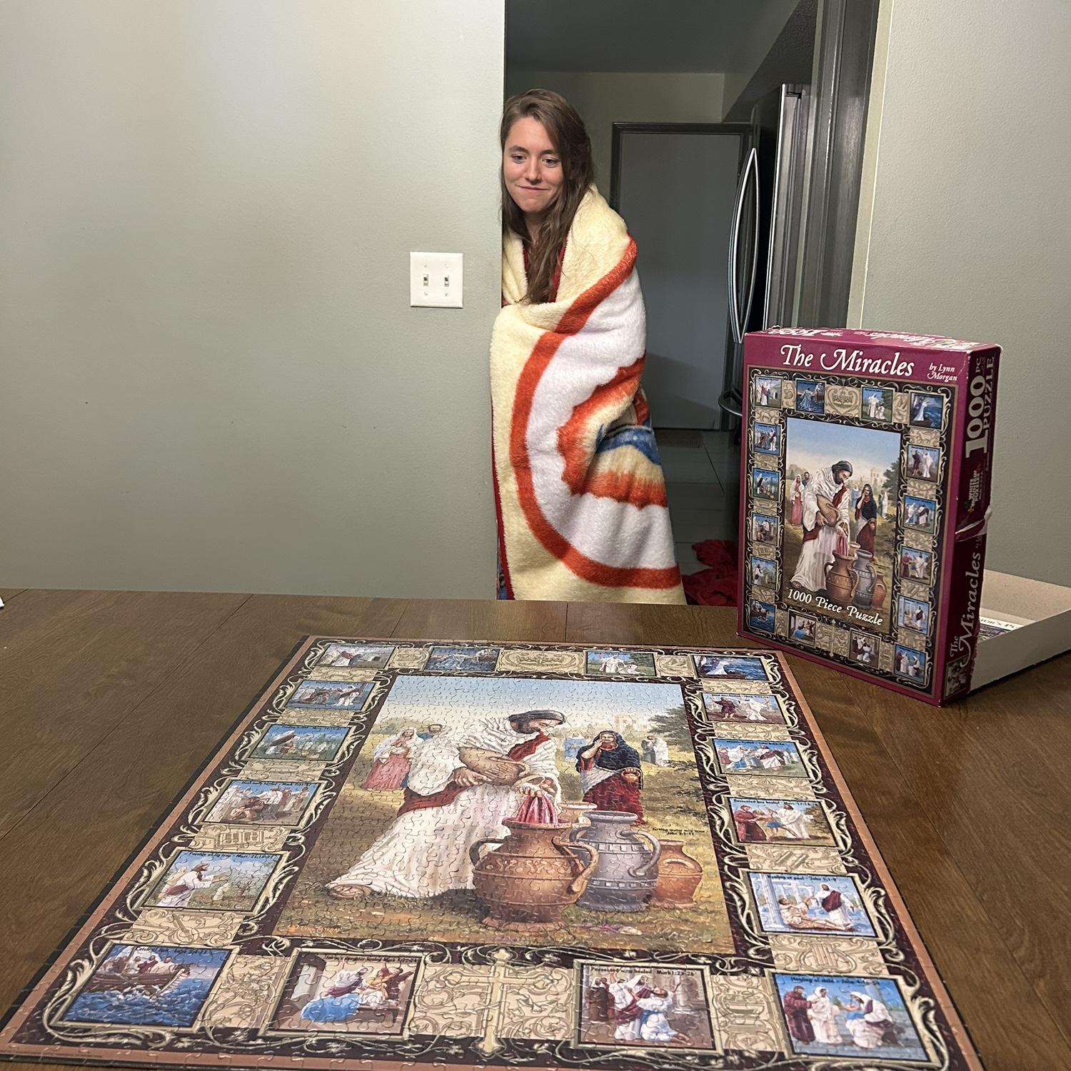 We love doing puzzles together. Mary loves blankets. Just doing puzzles in blankets, y'all!