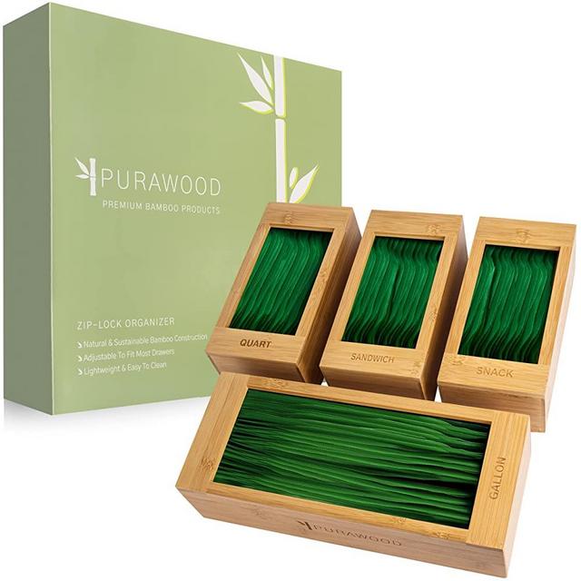 Purawood Ziplock Bag Storage Organizer - Natural Bamboo Organizer to Declutter Your Kitchen – Easy & Efficient Baggie Organizer - Durable Ziplock Bag Organizer - Customizable Bamboo Drawer Organizer - Plastic Bag Holder Compatible with all Brands (4-Pack)