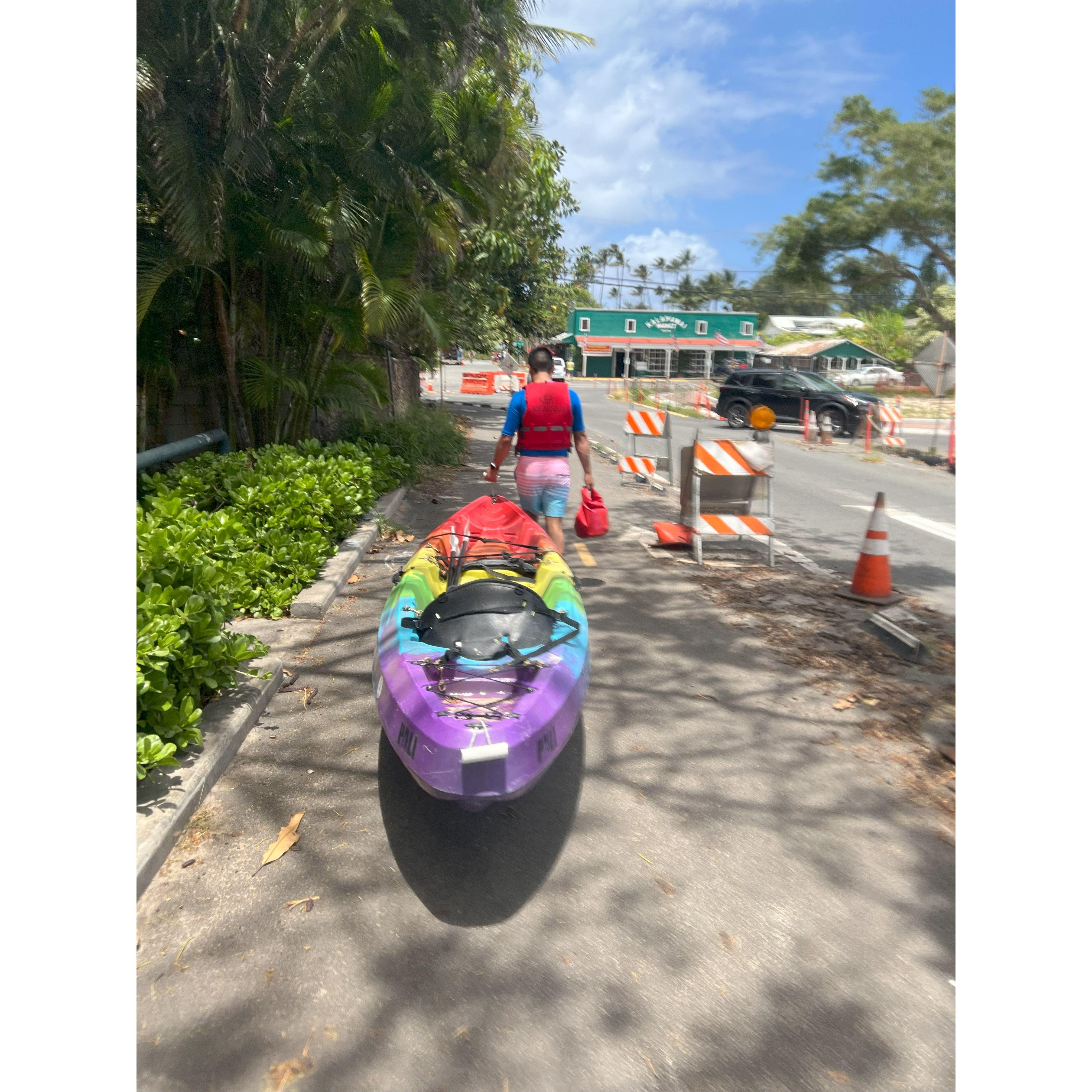 Lugging Kayak in Oahu, Hawaii.