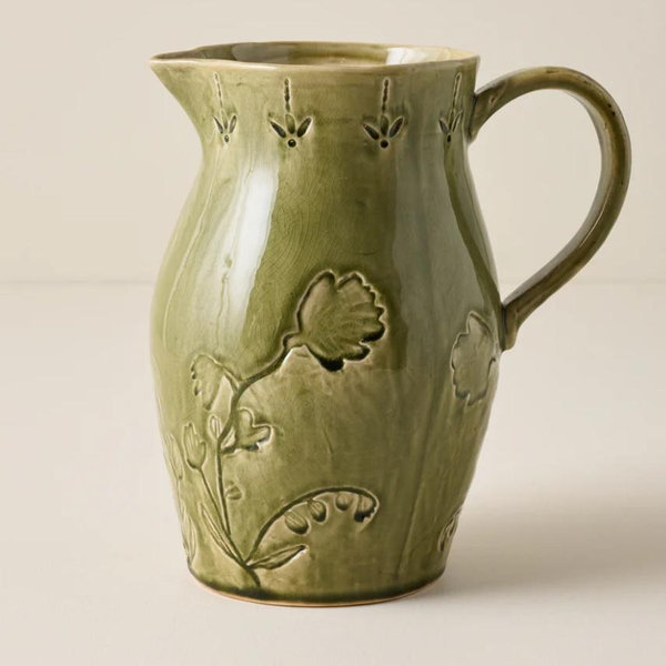 Floral Glazed Ceramic Pitcher Vase