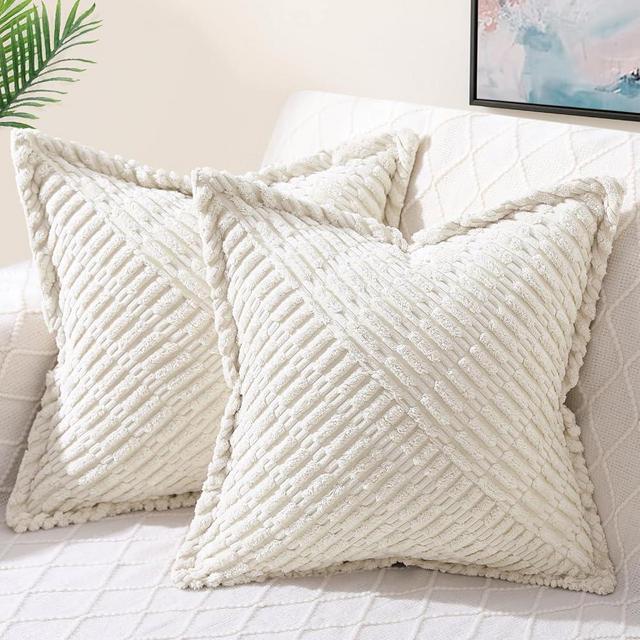 decorUhome Decorative Cream White Throw Pillow Covers 26x26 Set of 2 with Splicing, Boho Soft Corduroy Broadside Twill Pillow Covers for Couch Bed Sofa Living Room