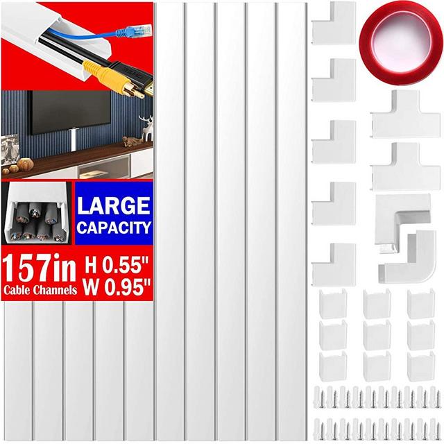 Cable Concealer on Wall Raceway - Paintable Cord Cover for Wall Mounted TVs - Cable Management Cord Hider Including Connectors & Adhesive Strips Connected to Cable Raceway