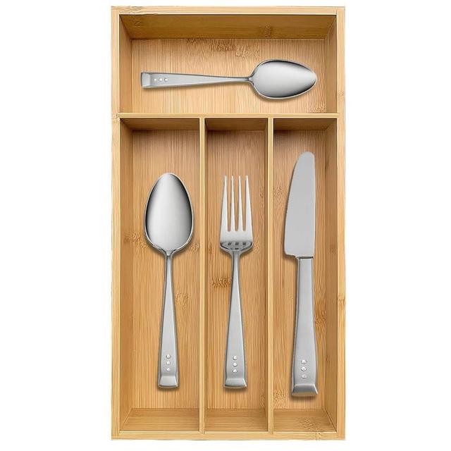guiogc Bamboo Silverware Organizer, Kitchen Drawer Organizer, Silverware Utensil Tray Holder for Flatware Cutlery Knives, Forks, Spoons (4-Slots) (Natural)