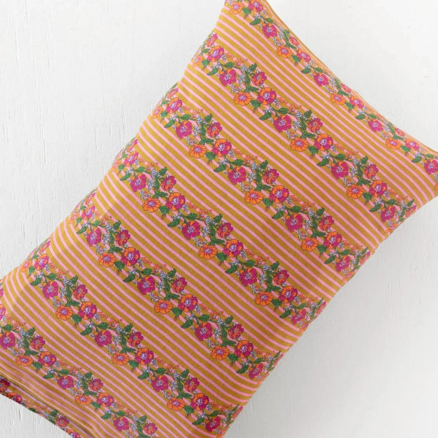Mix & Match Cotton Pillowcase, Single - Pink Floral Stripe