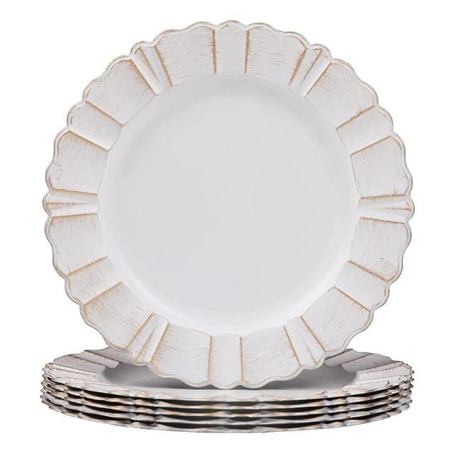 MAONAME 13" White Charger Plates, Antique Plate Chargers with Wipe Gold Waved Scalloped Rim, Plastic Chargers for Table Setting, Wedding decor, Set of 6